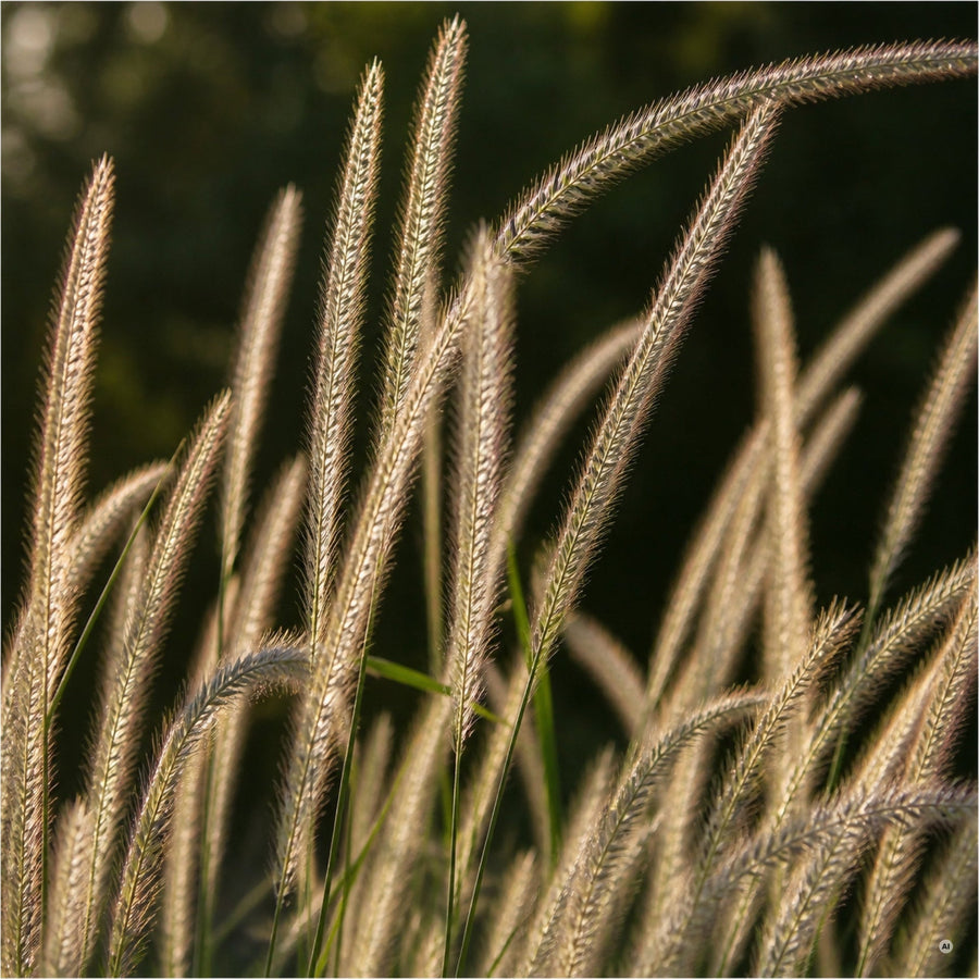 Federähren von Pennisetum 'Fairy Tails' im Gegenlicht in Nahaufnahme