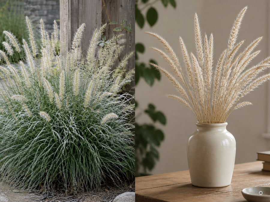 Getrocknete Federähren von Pennisetum 'Fairy Tails' in einer schlichten Vase