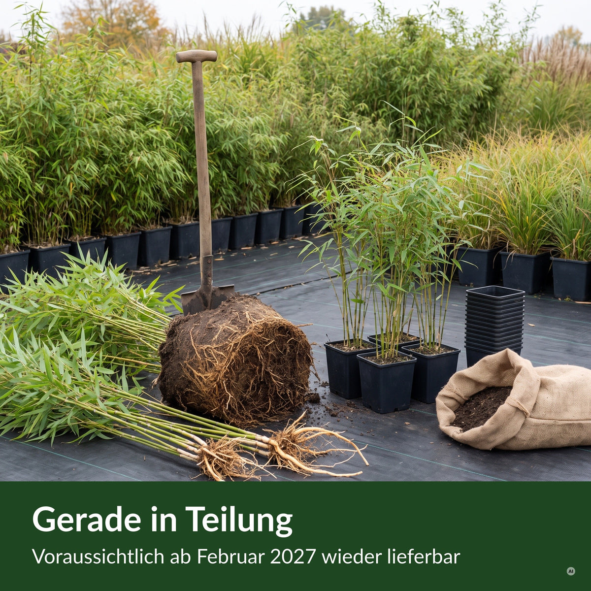 Fargesia gerade in Teilung – Bambushorst wird in der Gärtnerei geteilt und neu getopft, voraussichtlich ab Februar 2027 wieder lieferbar