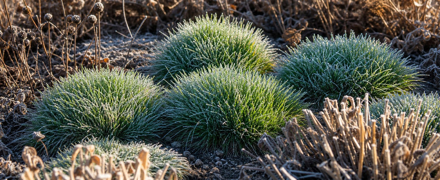 Bärenfellgras-Kissen mit Raureif im Winterbeet – die Polster bleiben grün.