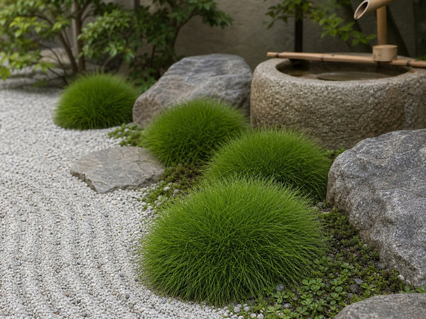 Bärenfellgras-Polster im Japangarten neben Kies, Findlingen und Wasserbecken.