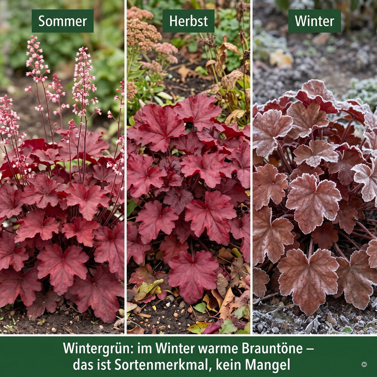 Heuchera 'Fire Chief' im Jahresverlauf: Sommer, Herbst und Winter – wintergrün mit warmen Brauntönen