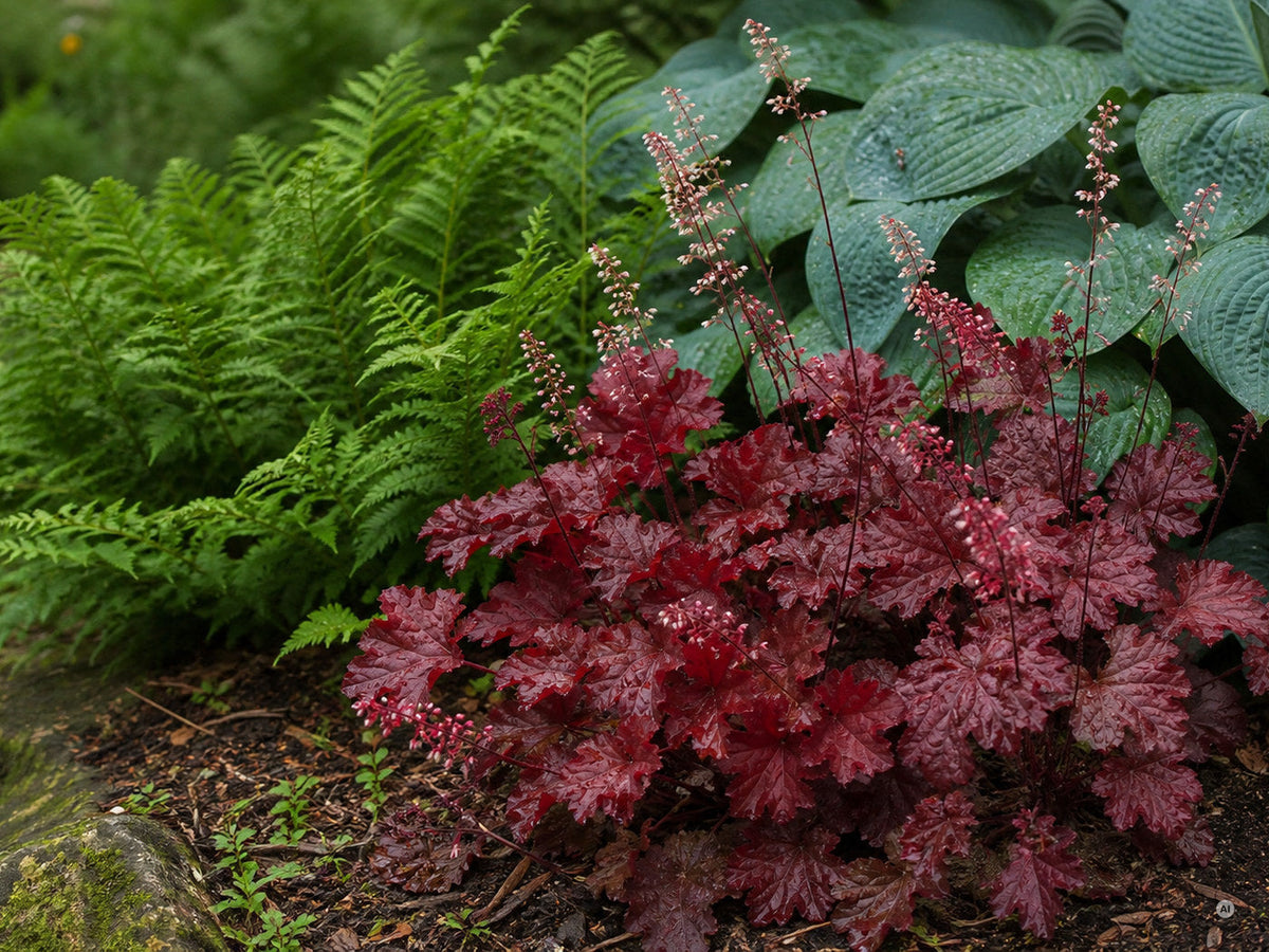 Weinroter Horst von Heuchera Hybride 'Fire Chief' zwischen Farnen und Hosta im Schattenbeet
