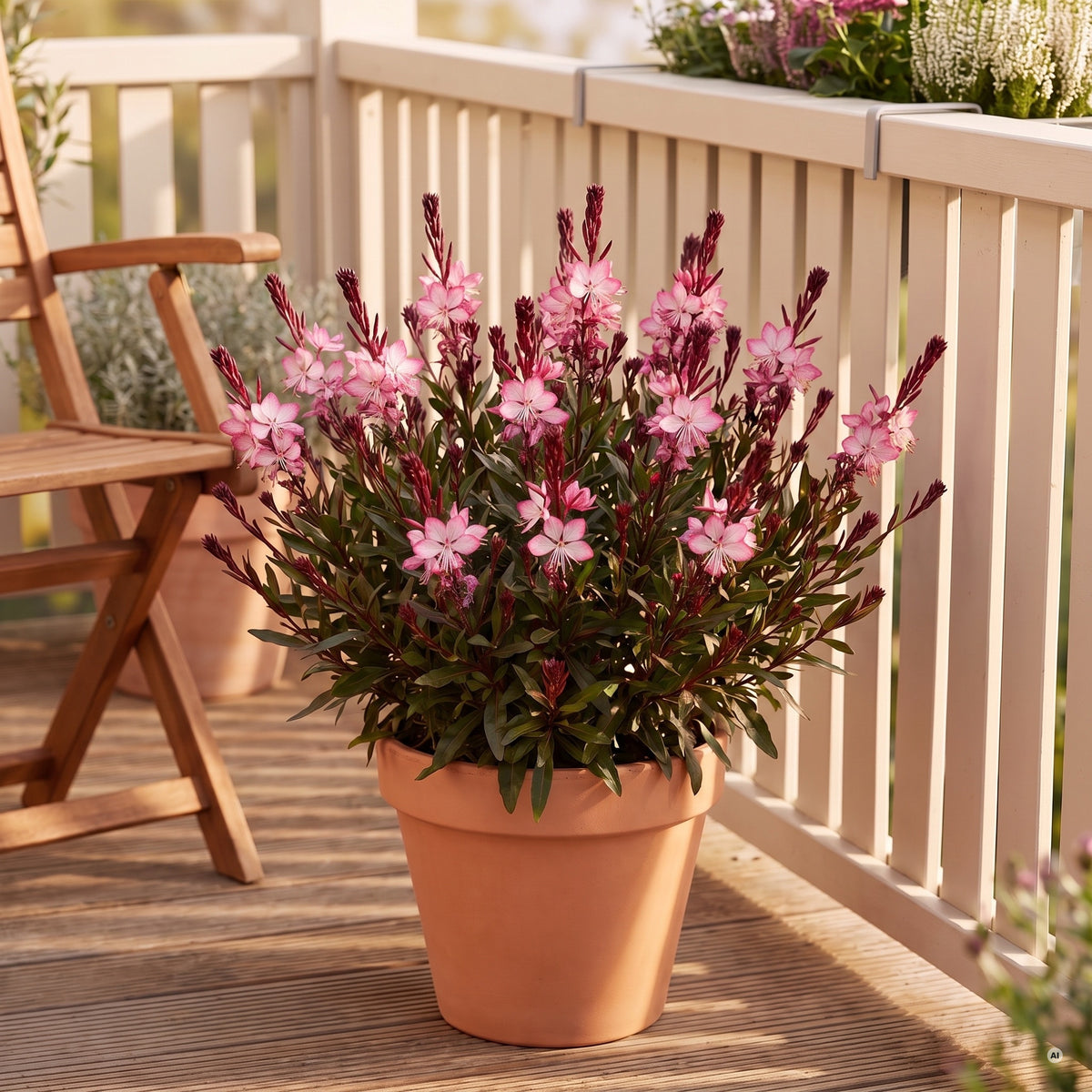 Kompakte rosa Prachtkerze im Terrakottakübel auf einem sonnigen Balkon