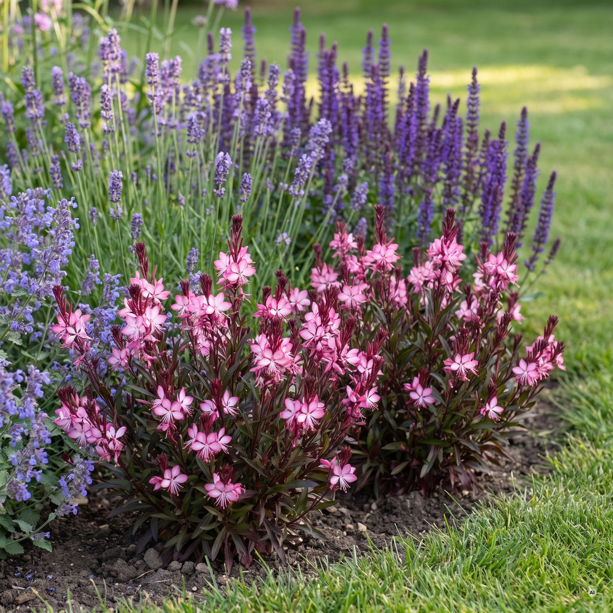 Kompakte rosa Prachtkerze vorn im sonnigen Staudenbeet zwischen Lavendel und Steppensalbei