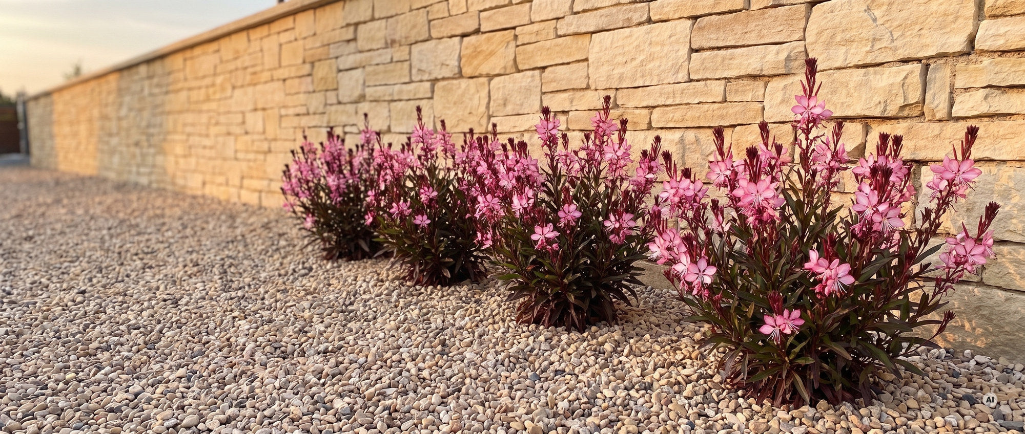 Kompakte rosa Prachtkerzen 'Gaudi Medium Pink' mit weinroten Knospen im Kiesbeet vor einer Sandsteinmauer