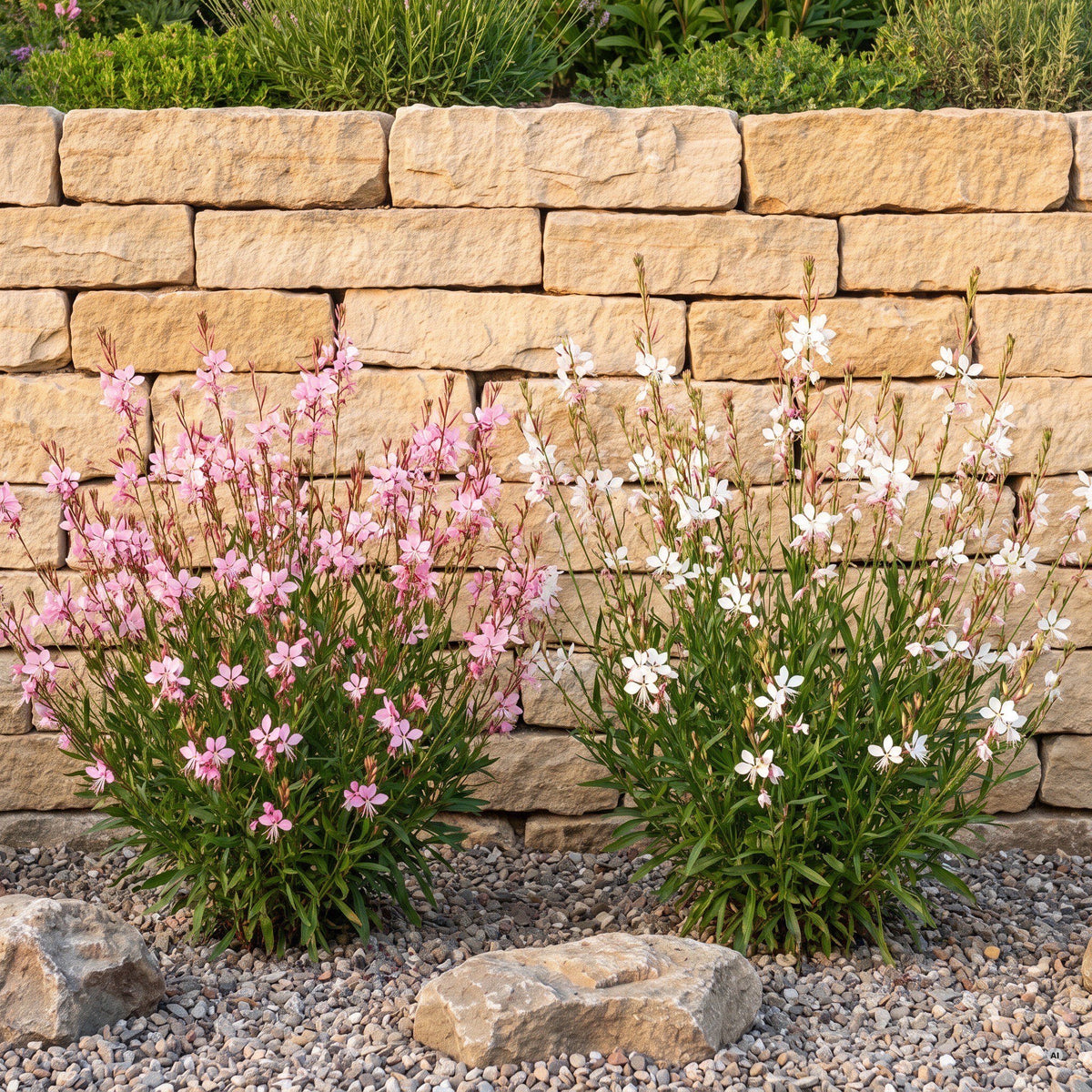 Gaura Kollektion: weiße und zartrosa Prachtkerzen in voller Blüte im Kiesbeet vor einer Natursteinmauer