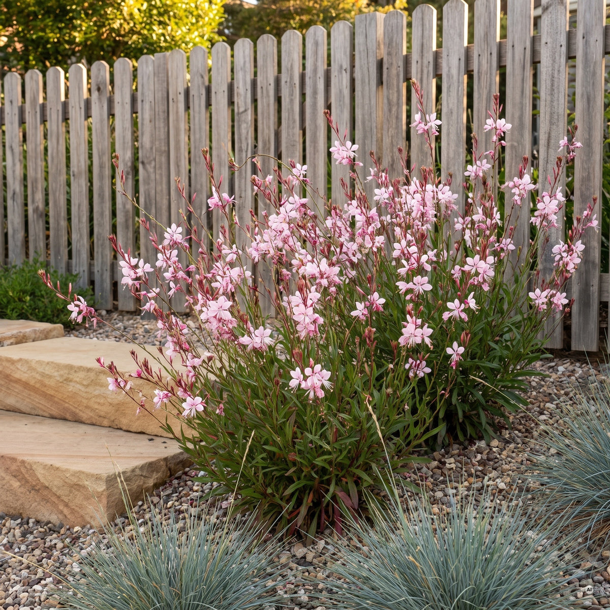 Rosa Prachtkerze Gaura lindheimeri 'Siskiyou Pink' in voller Blüte am Kieshang mit Sandsteinstufen vor einem Holzzaun