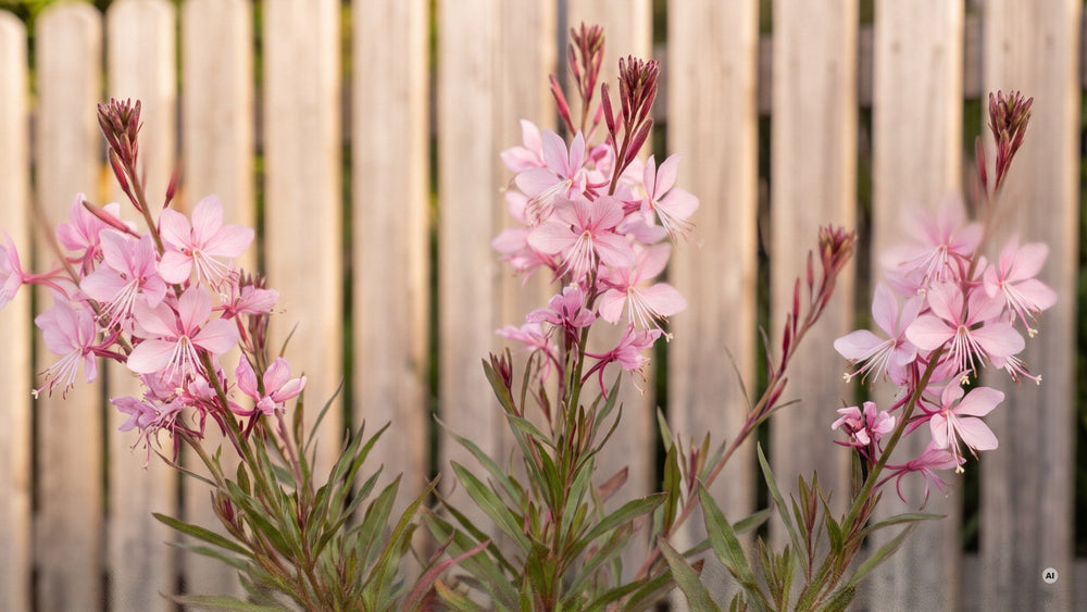 Zartrosa Blüten mit vier Blütenblättern und langen weißen Staubfäden, darüber dunklere Knospen