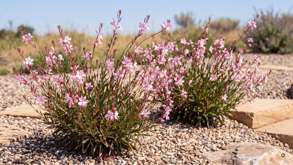 Zwei blühende rosa Prachtkerzen an einem sonnigen Kieshang mit Sandsteinen