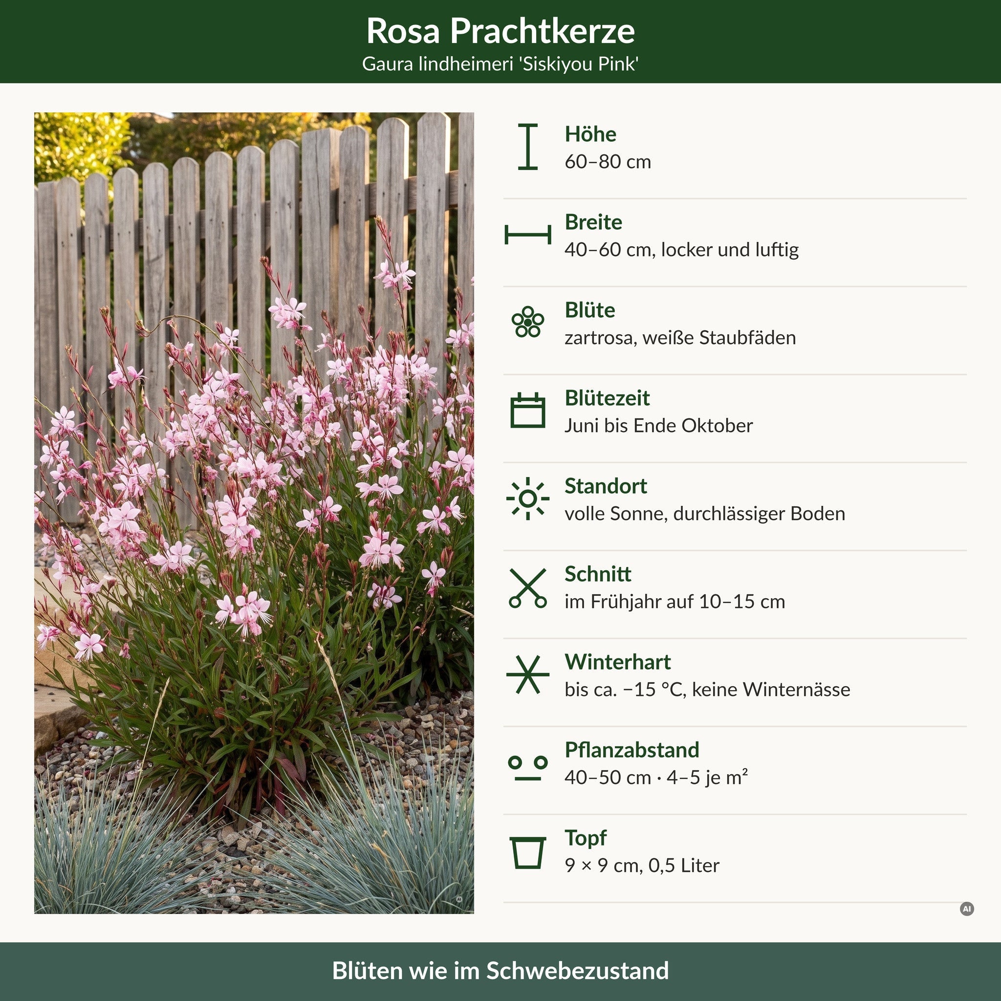 Steckbrief rosa Prachtkerze: 60–80 cm hoch, zartrosa Blüte Juni bis Ende Oktober, volle Sonne, winterhart bis −15 °C, 9 × 9 cm Topf