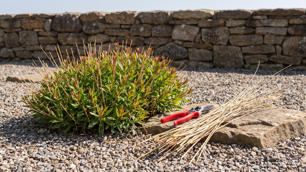Zurückgeschnittene Prachtkerze im April, daneben Gartenschere und alte Stiele