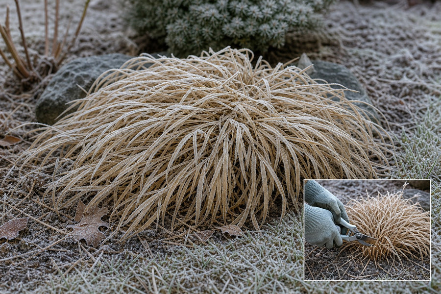 Berggras-Horst im Winter mit eingezogenem strohfarbenem Laub, kleines Bild zeigt den Rückschnitt im Februar
