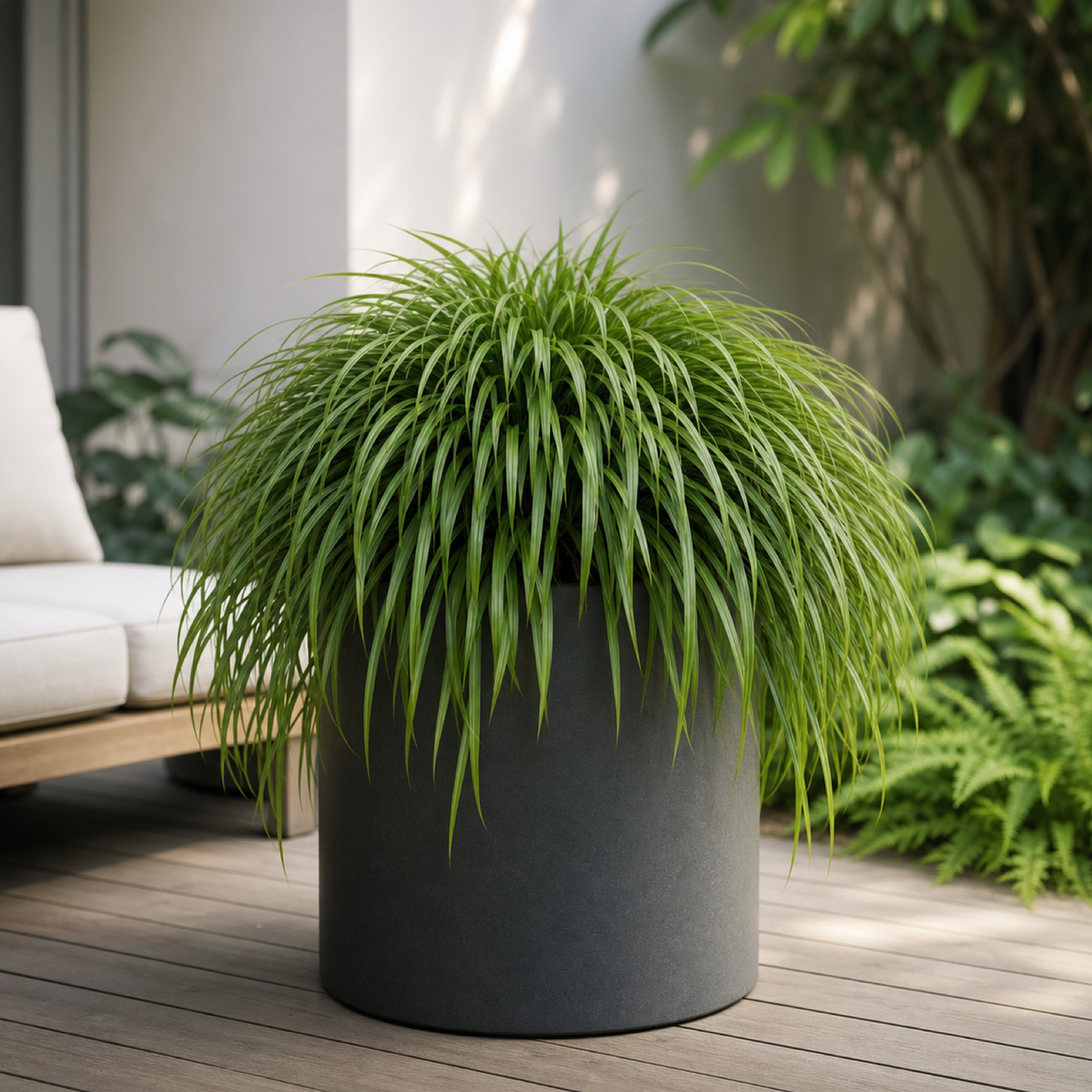 Japanisches Berggras im hohen Kübel auf einer schattigen Terrasse
