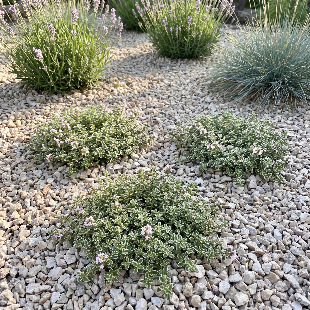 Drei helle Thymianpolster auf Kies vor Lavendel und Blauschwingel im sonnigen Kiesbeet