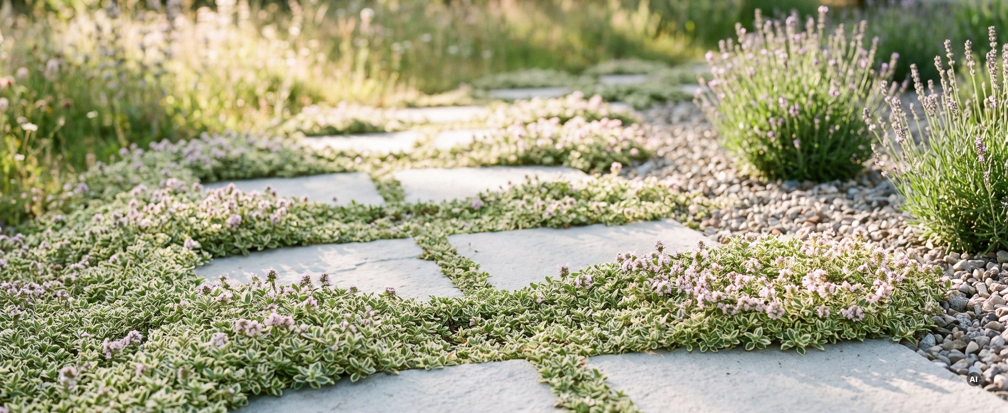 Panaschierter Polsterthymian Thymus praecox 'Highland Cream' in den Fugen eines sonnigen Natursteinwegs im Juni, cremeweiß gerandetes Laub mit zartrosa Blüten, daneben Lavendel