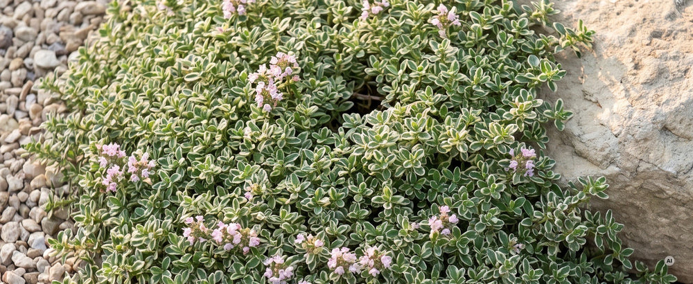Polster mit locker verteilten blassrosa Blütenköpfchen auf Kies