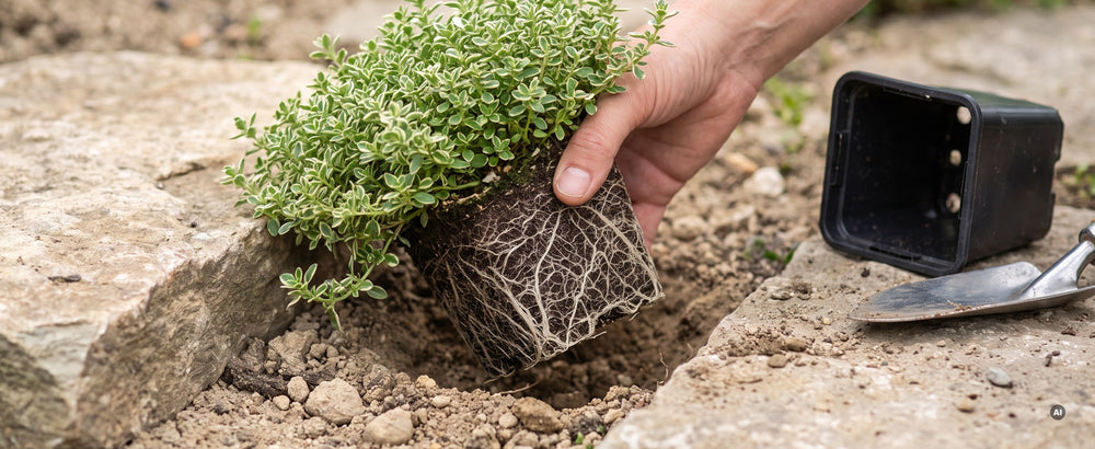 Hand setzt das Polster mit eckigem Ballen zwischen Natursteinplatten