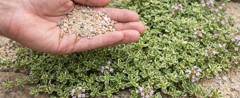 Hand mit grobem Sand-Splitt-Gemisch über einem Steingarten