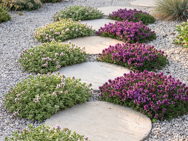Trittsteine mit hellem 'Highland Cream' und purpurrotem 'Red Carpet'