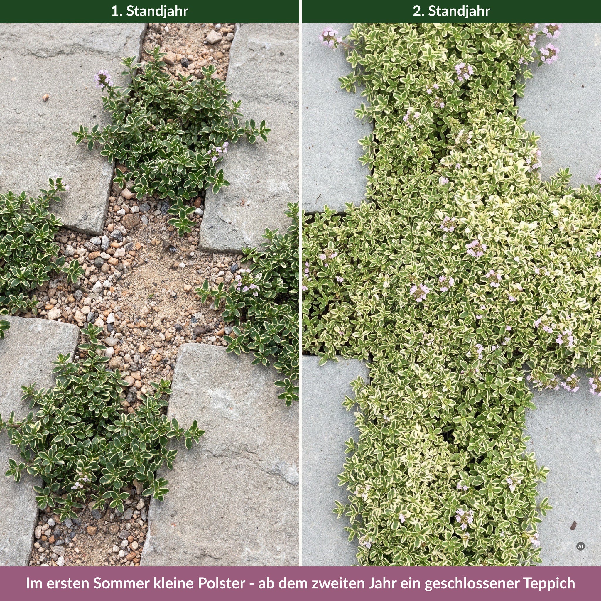 Thymus 'Highland Cream' im ersten und im zweiten Standjahr: kleine Polster in den Wegfugen und geschlossene Fugen ein Jahr später