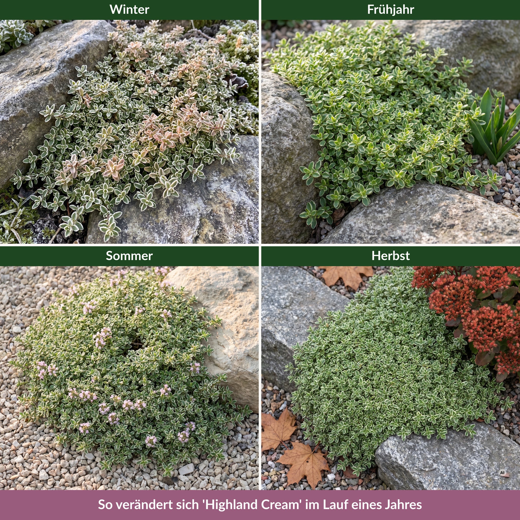 Thymus 'Highland Cream' im Lauf eines Jahres: Winter mit Raureif, Frühjahrsaustrieb, Sommer in zartrosa Blüte und Herbst