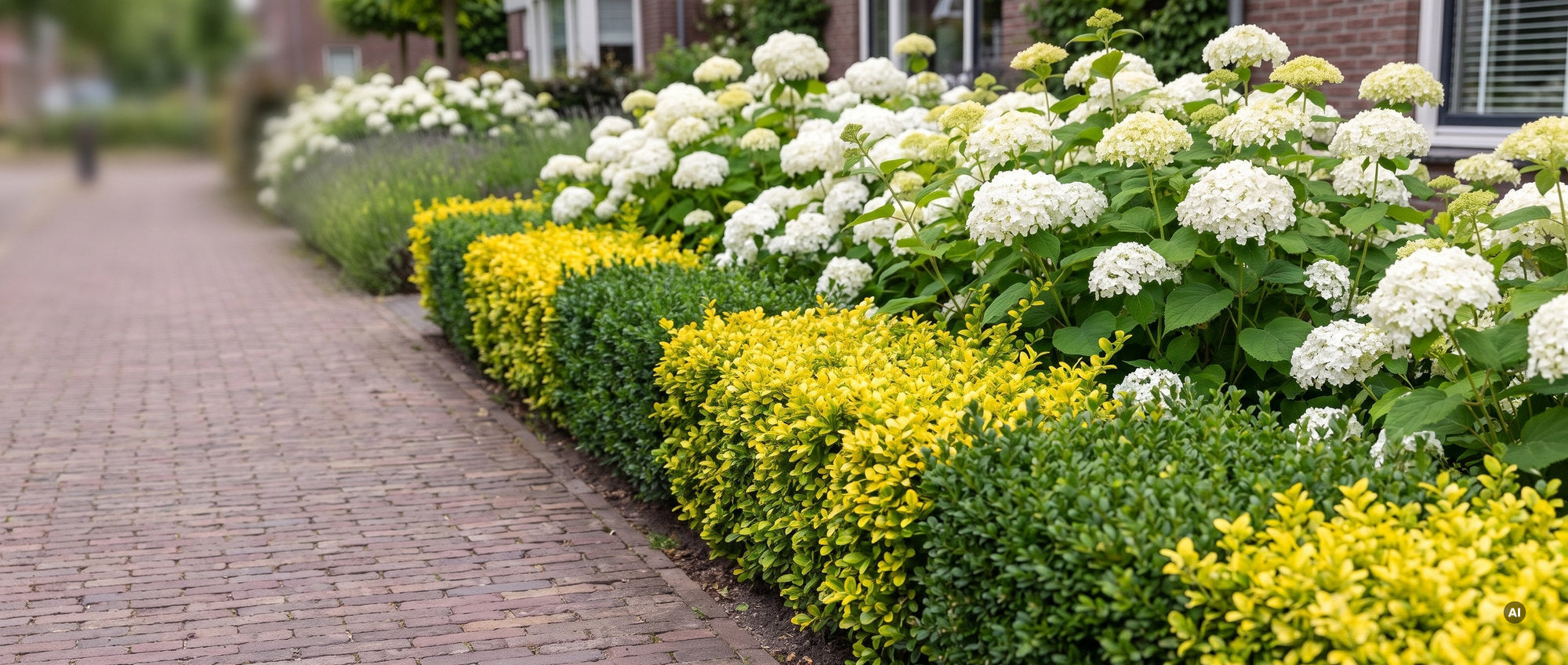 Niedrige Einfassung am Klinkerweg, in der sich gelb-grüne Japanische Stechpalme Ilex crenata 'Convexed Gold' und dunkelgrüne Ilex abwechseln, dahinter weiße Hortensien