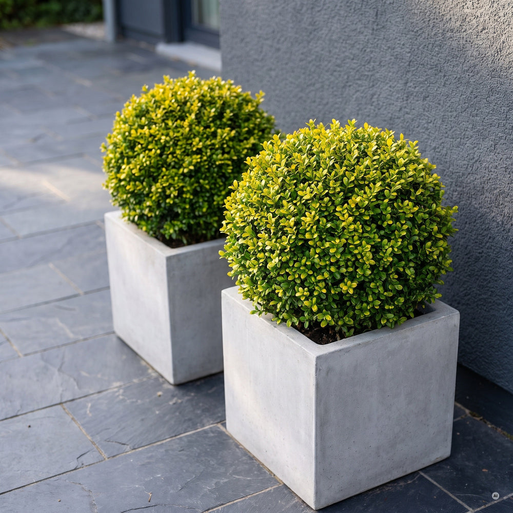 Zwei gelb-grüne Kugeln aus Ilex crenata 'Convexed Gold' in hellgrauen Betonkübeln vor einer dunkelgrauen Hauswand