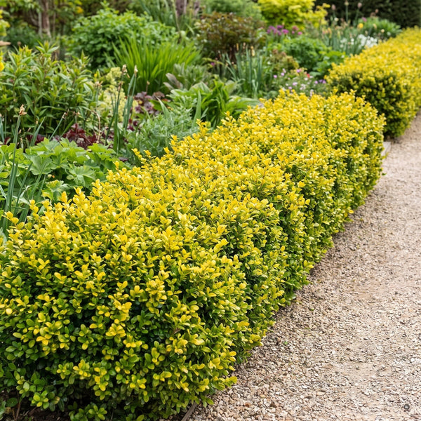 Geschlossene, gerundete, gelb-grüne Einfassung aus Ilex crenata 'Convexed Gold' am Kiesweg im dritten Standjahr