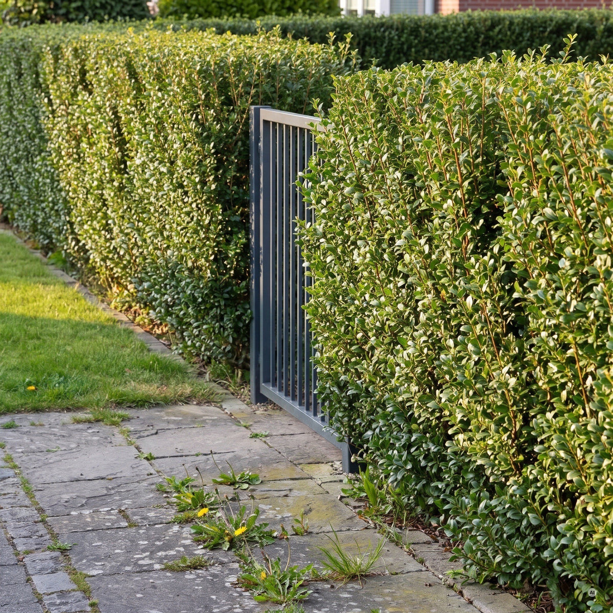 Etwa 1,2 m hohe Formhecke aus Ilex crenata 'Caroline Upright' an der Grundstücksgrenze mit einem 1 m hohen Metalltor