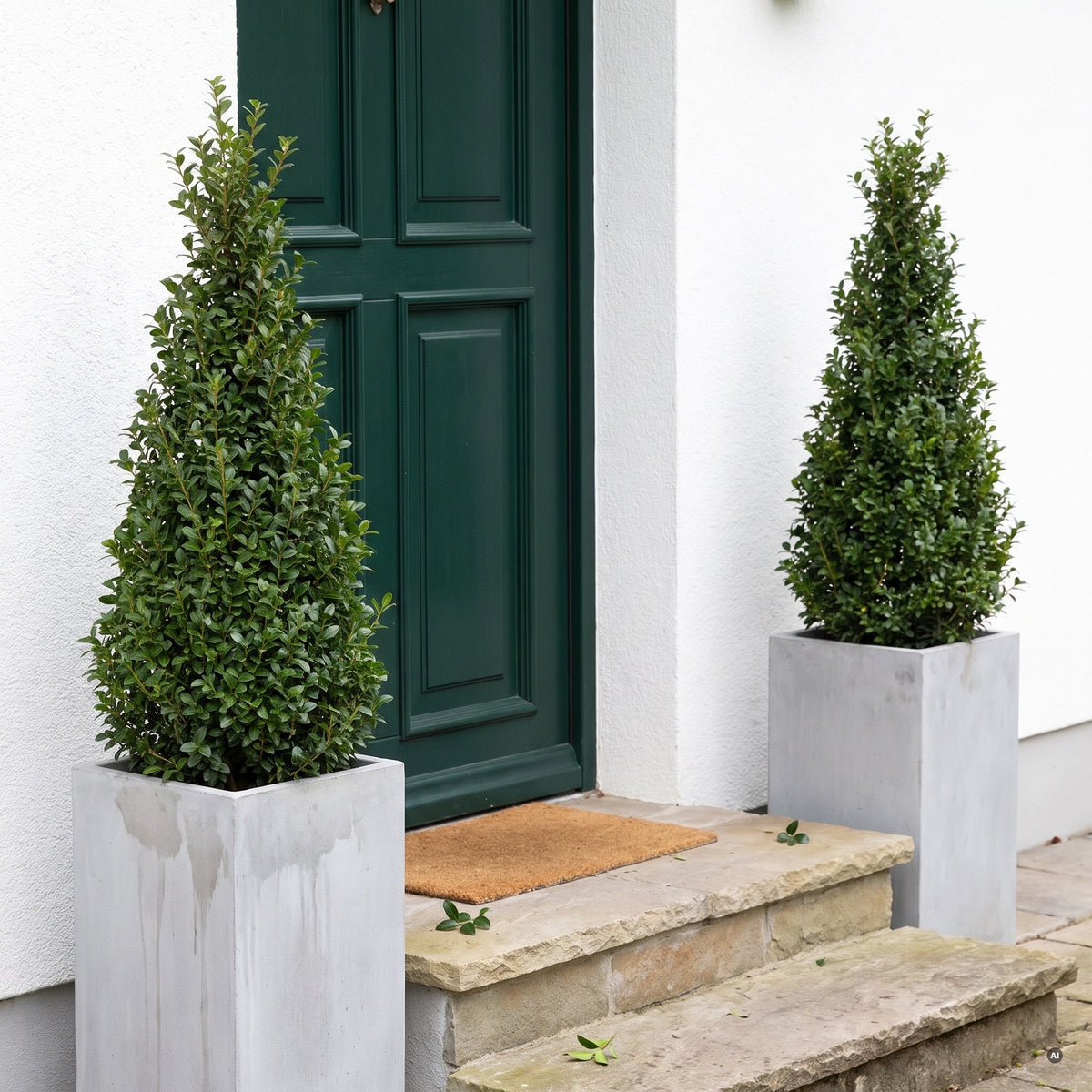 Zwei geschnittene Kegel aus Ilex crenata 'Caroline Upright' in hellgrauen Kübeln links und rechts einer dunkelgrünen Haustür
