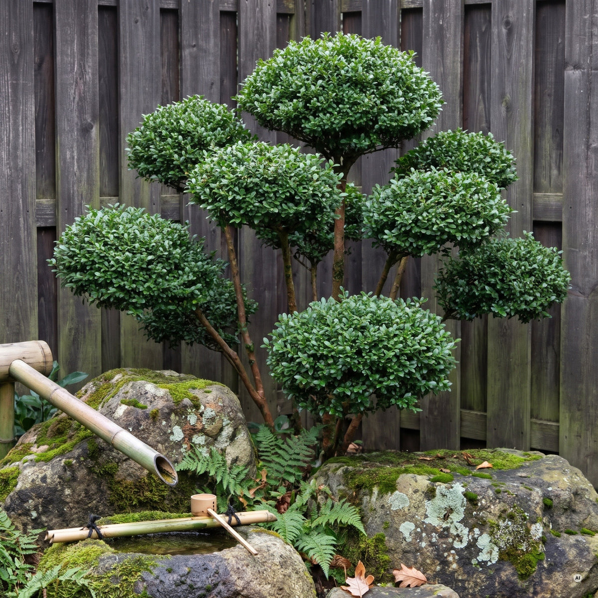 Ilex crenata 'Caroline Upright' im Wolkenschnitt (Niwaki) in einem japanisch inspirierten Garten mit moosigen Steinen