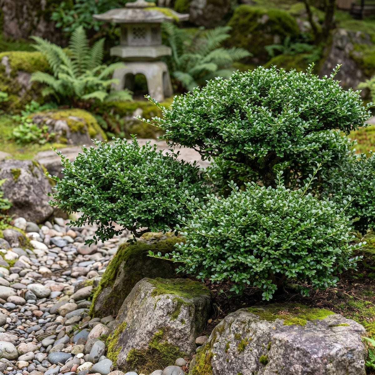Wolkenartig geschnittene Ilex crenata 'Convexa' zwischen bemoosten Findlingen und Kies, dahinter eine Steinlaterne