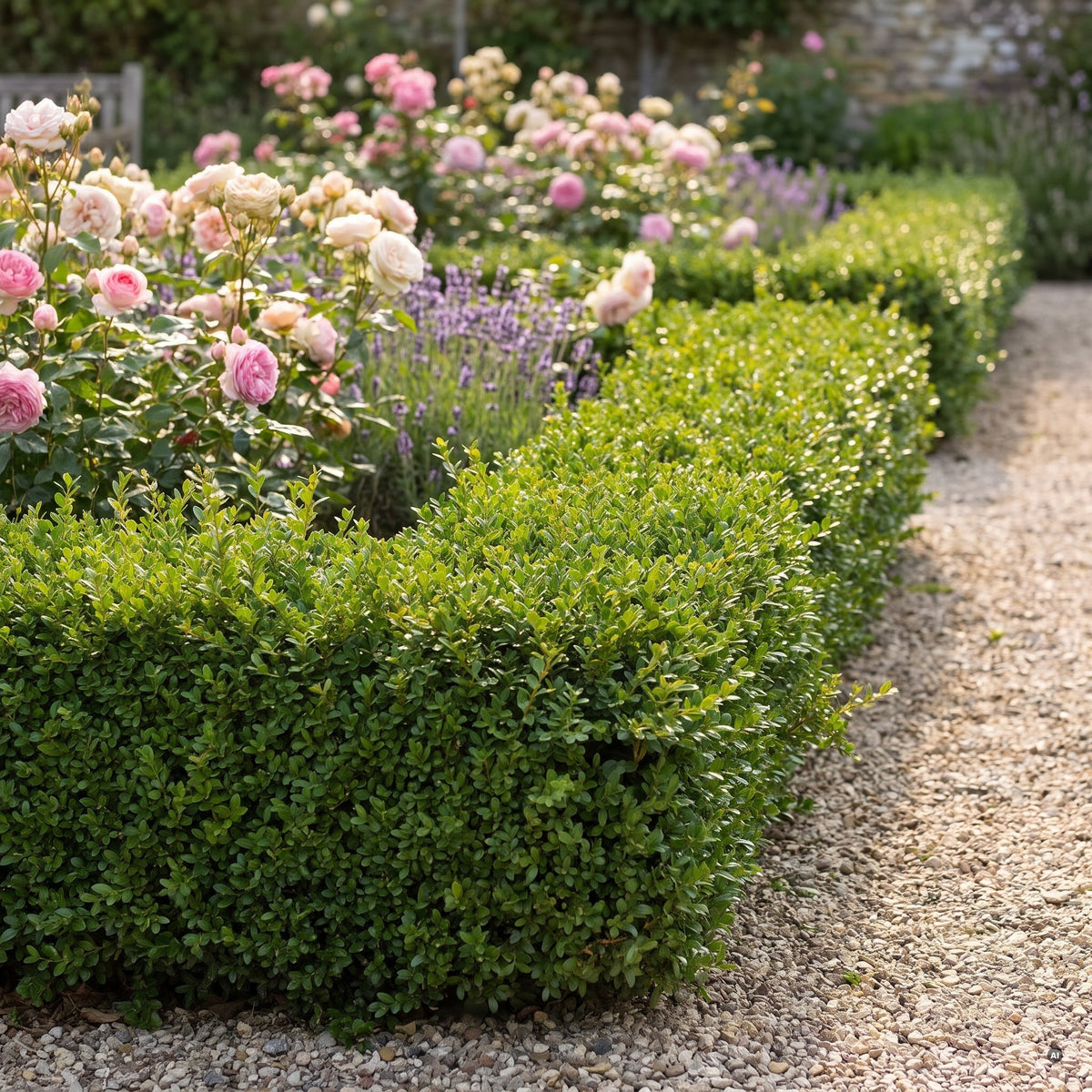 Rosen- und Lavendelbeet, eingefasst von einer niedrigen, streng geschnittenen Einfassung aus Japanischer Stechpalme Ilex crenata 'Glory Gem' am hellen Kiesweg
