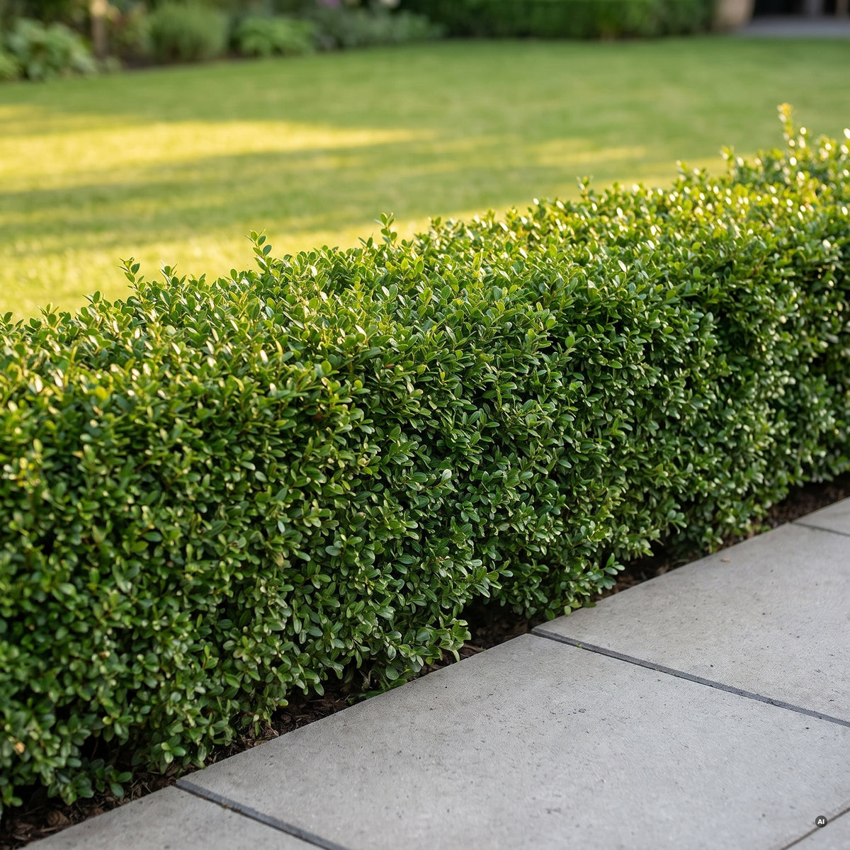 Niedrige, breite Formhecke aus Ilex crenata 'Glory Gem' entlang einer Terrasse aus hellgrauen Betonplatten