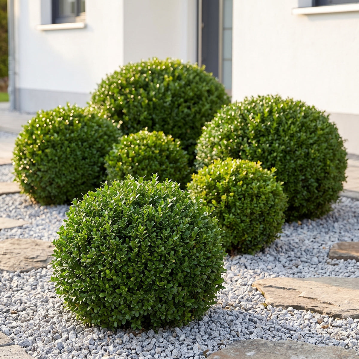 Gruppe rund geschnittener Kugeln aus Ilex crenata 'Glory Gem' im Kiesbeet vor einem hell verputzten Haus