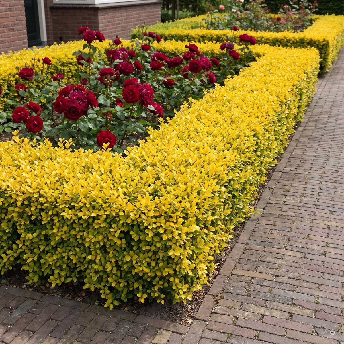 Rosenbeet mit dunkelroten Rosen, eingefasst von einer niedrigen, gelb belaubten Einfassung aus Ilex crenata 'Golden Gem' an einem Klinkerweg
