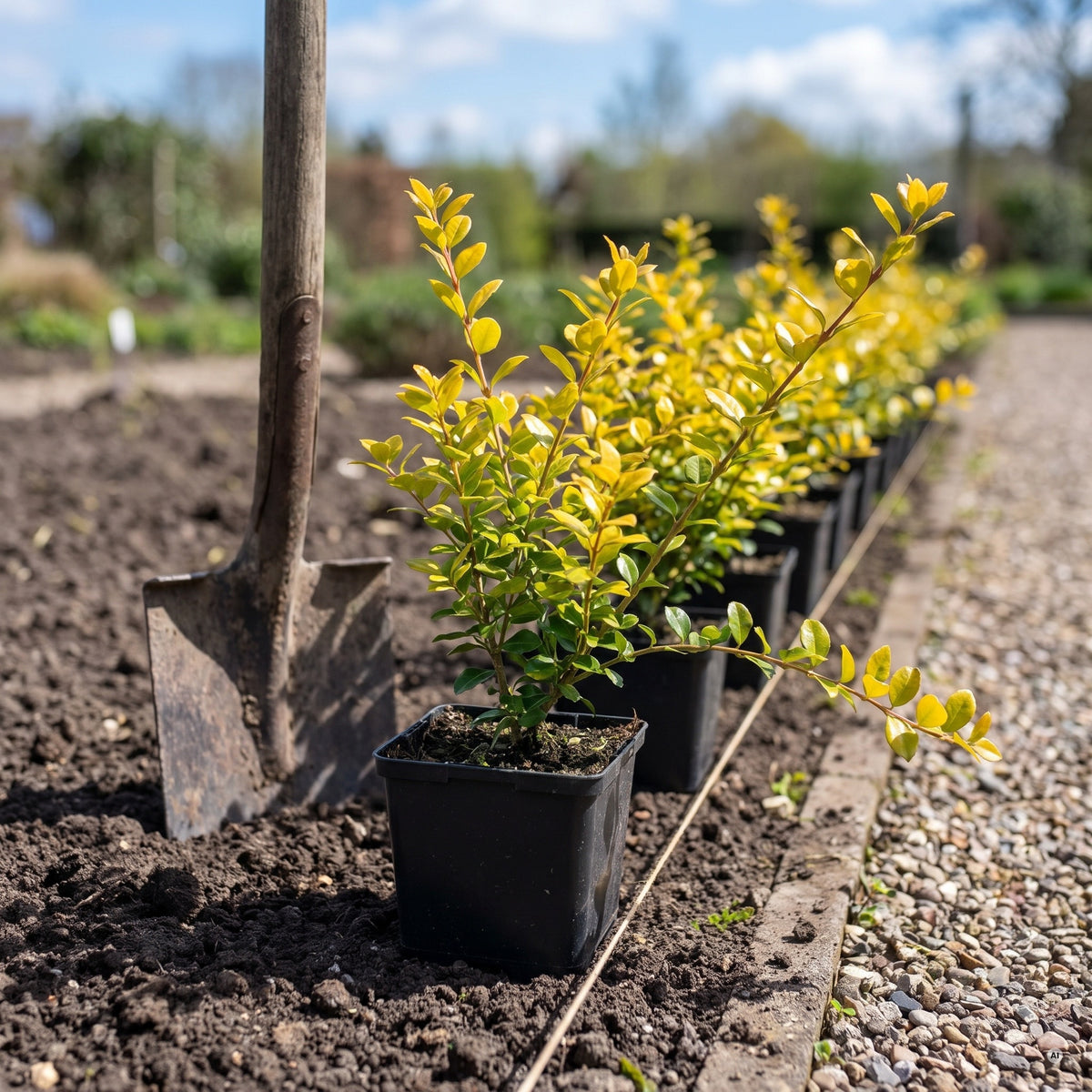 Junge Ilex crenata 'Golden Gem' im 9 × 9 cm Topf an einer gespannten Pflanzschnur entlang einer Beetkante, 7–8 Pflanzen je Meter