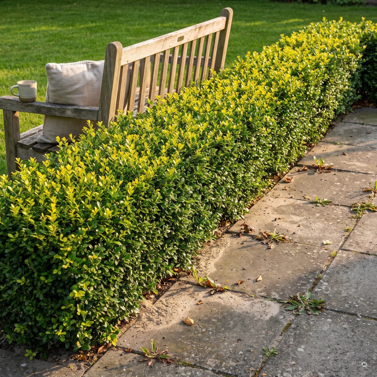 Halbhohe geschnittene Hecke aus Ilex crenata 'Green Hedge' an einer Terrasse, davor eine Holzbank als Größenvergleich