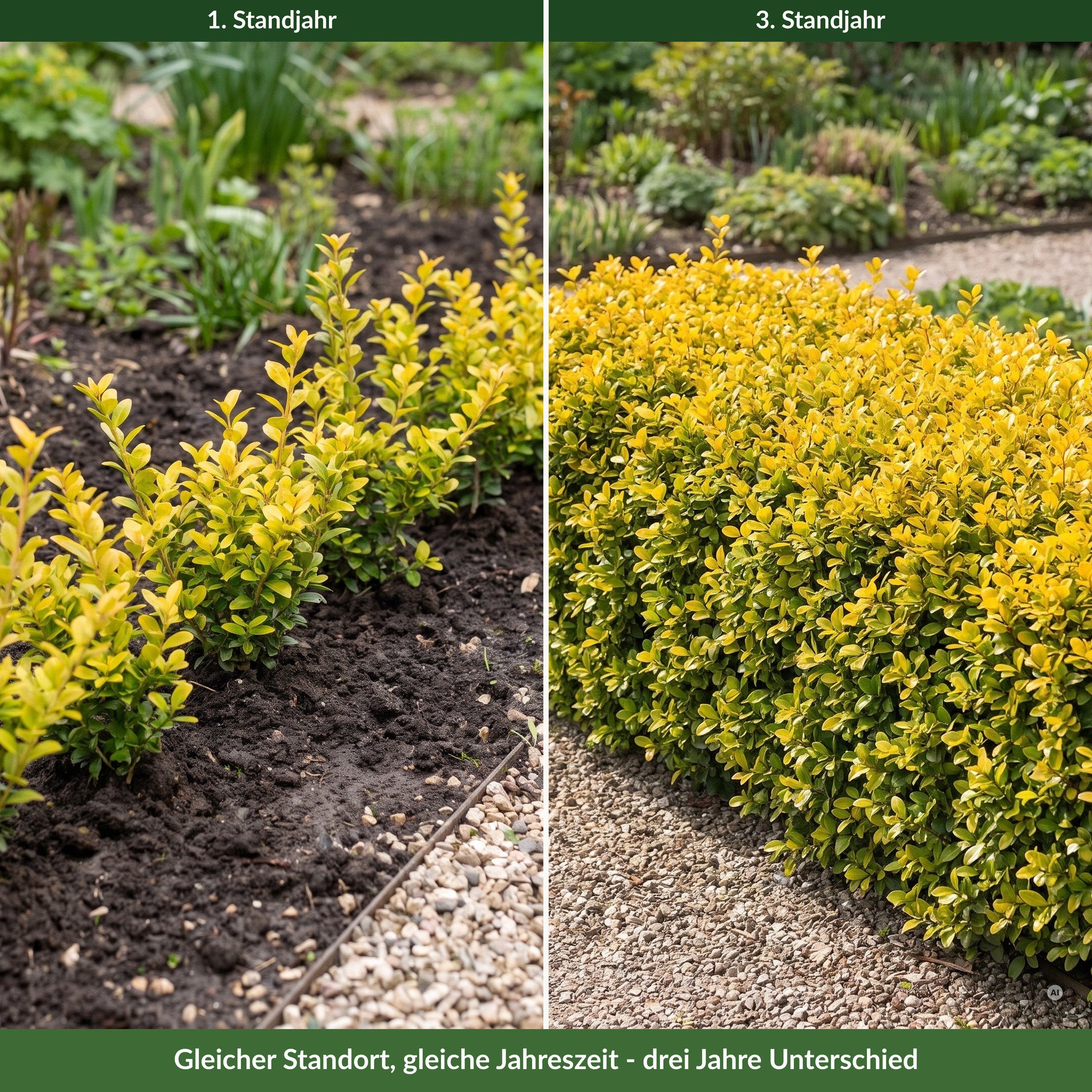 Einfassung aus Ilex crenata 'Golden Gem' an einem Kiesweg im ersten und im dritten Standjahr