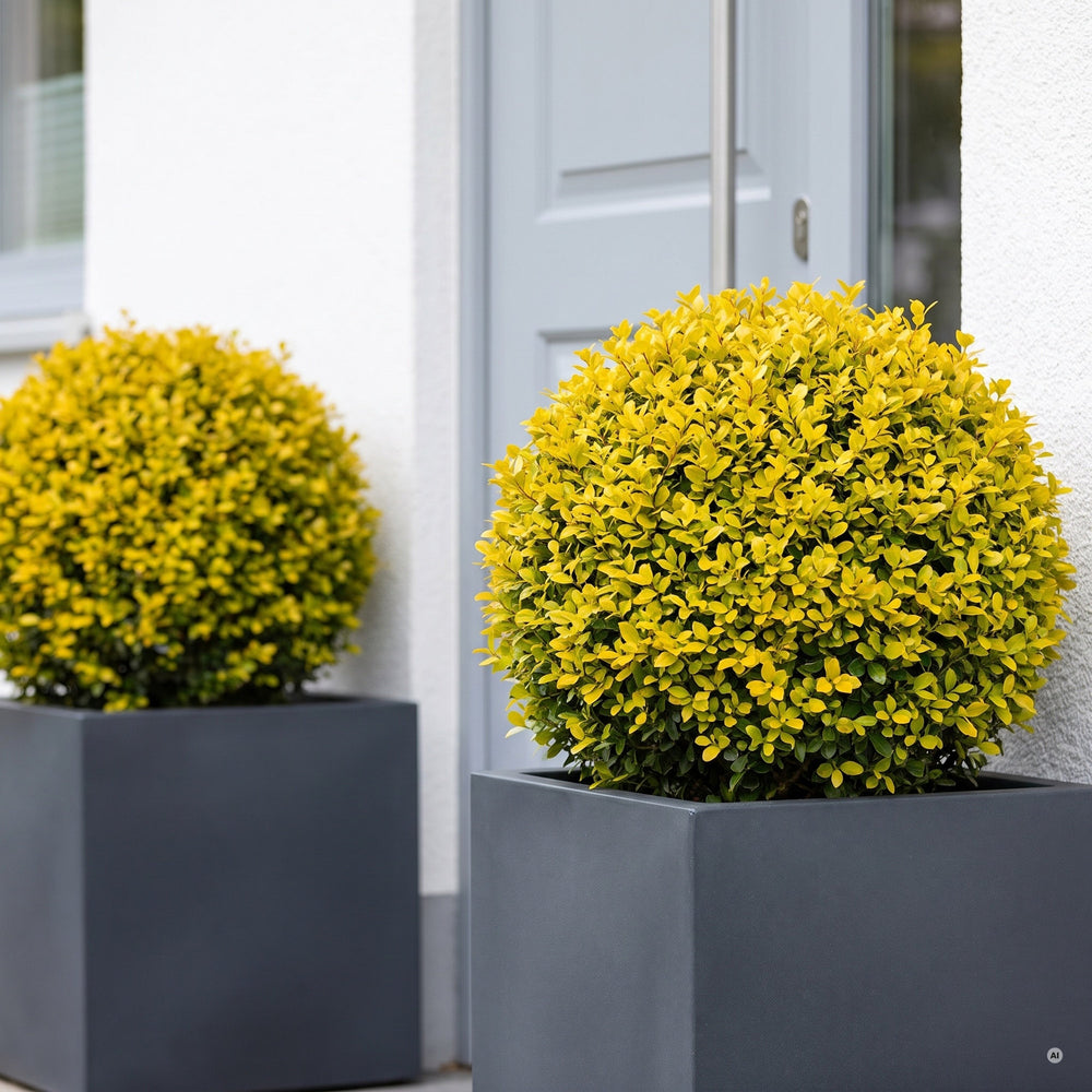 Zwei goldgelbe Kugeln aus Ilex crenata 'Golden Gem' in anthrazitfarbenen Kübeln neben einer hellgrauen Haustür