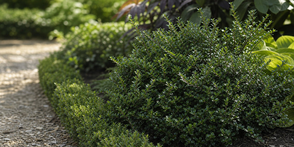 Niedrige Hecke und Kugeln aus Berg-Ilex 'Stokes' entlang eines Kieswegs in einem gepflegten Garten