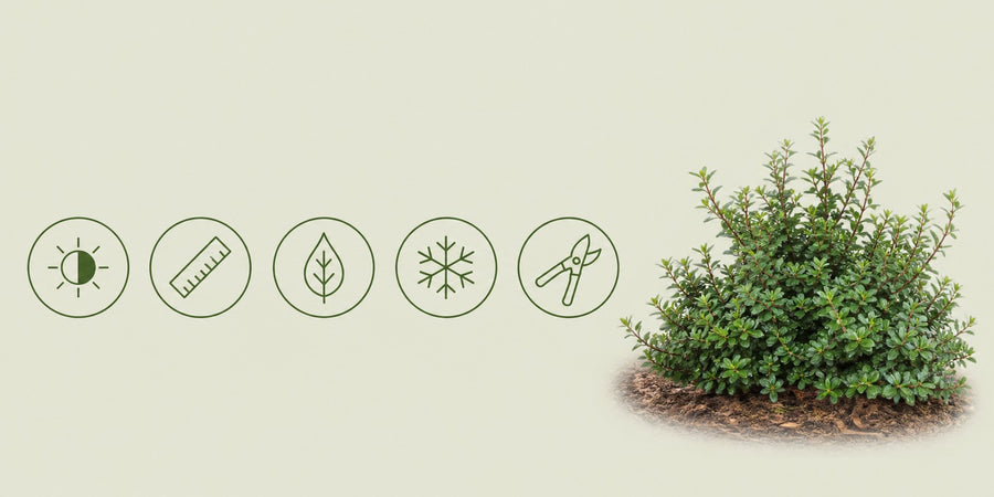 Schnellfakten Berg-Ilex 'Stokes': Standort, Wuchshöhe, immergrünes Laub, Winterhärte und Schnittverträglichkeit als Symbole