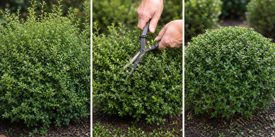 Schnitt-Sequenz: leicht ausgetriebener Berg-Ilex, Schere im Einsatz, fertig geschnittene Form