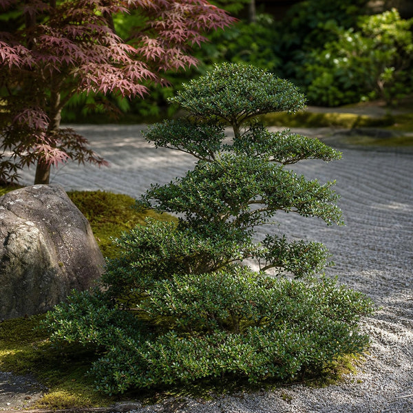 In Wolkenform geschnittener Ilex crenata neben Kies, Fels und Japanischem Ahorn