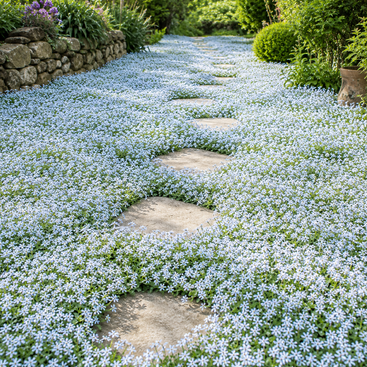 Blauer Bubikopf als blühender Teppich zwischen Trittsteinen im Gartenweg