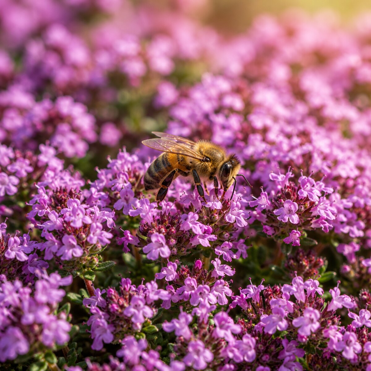 Blühende Bodendecker mit nektarreichen Blüten, dicht bewachsener Teppich aus Günsel und Thymian