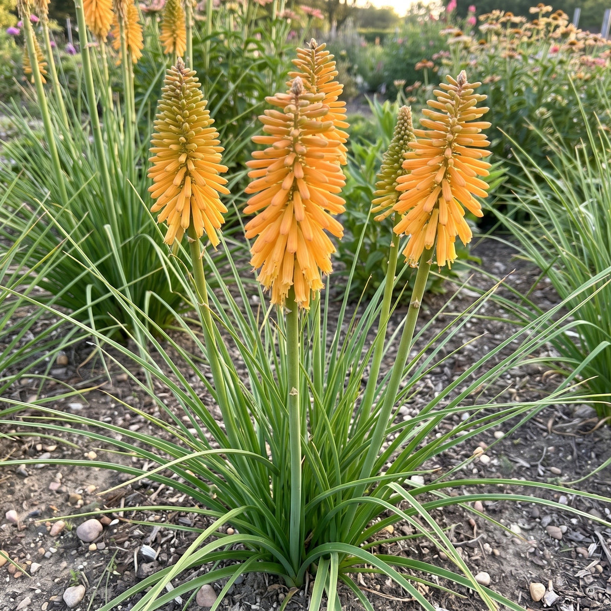 Blütenkerzen von Kniphofia 'Mango Popsicle' in warmem Mango-Orange über schmalem Laub