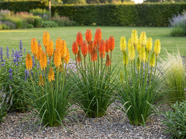 Die drei Sorten der Kniphofia Kollektion nebeneinander im Beet