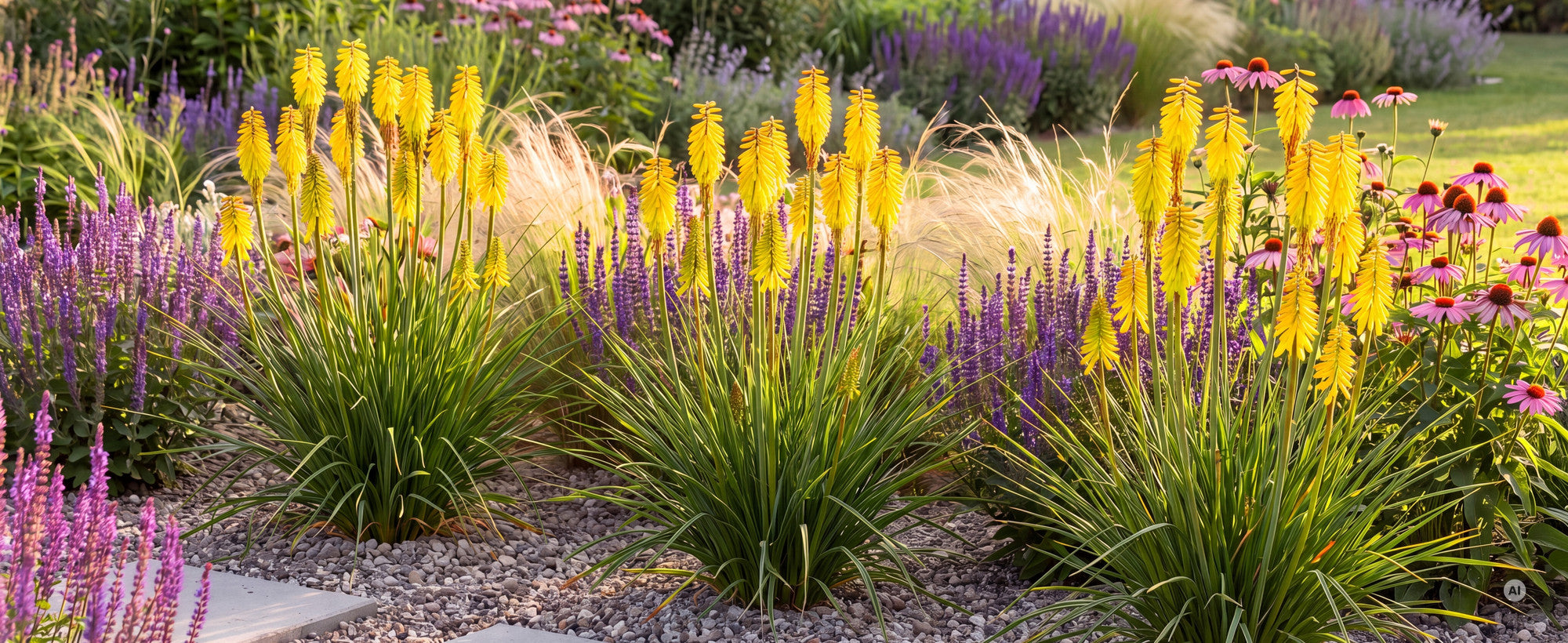 Fackellilie Kniphofia 'Lemon Popsicle': blühende Horste mit zitronengelben Kerzen im sonnigen Staudenbeet